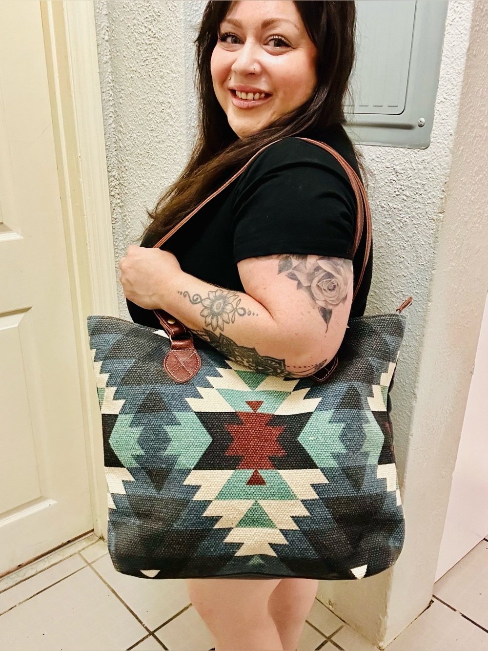 Myra Bag Southwestern Tote Aztec Canvas Leather Trim Weekender Bag